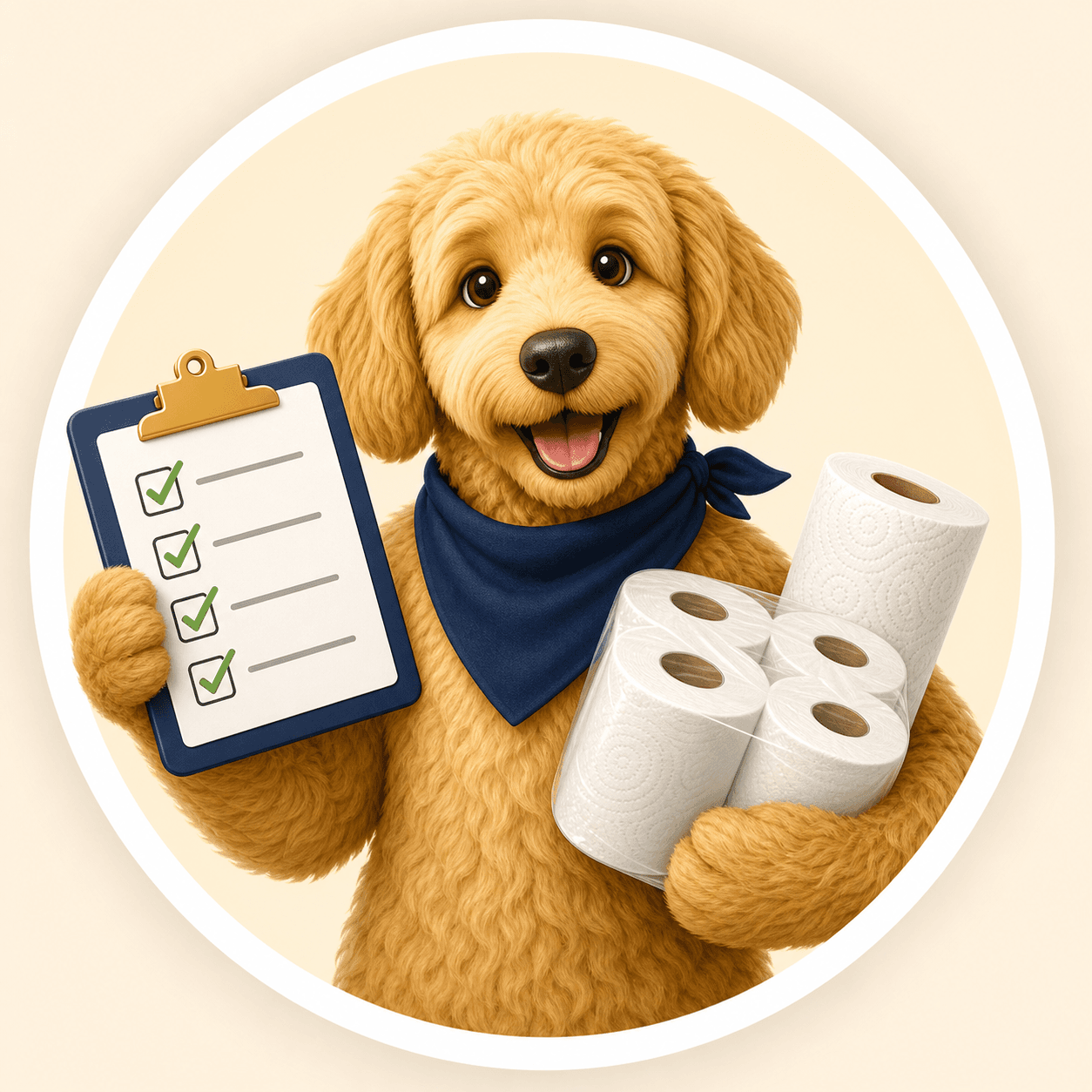 Scout holding toilet paper rolls and a price checklist