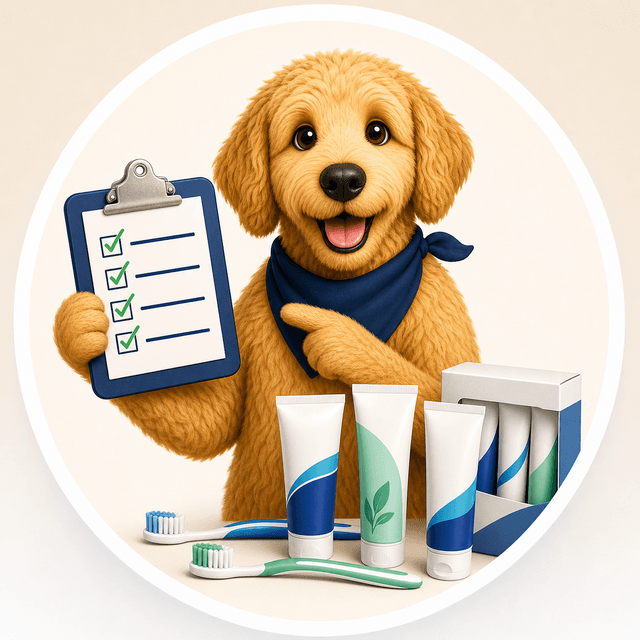 Scout holding a checklist with generic toothpaste tubes and toothbrushes