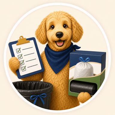 Scout holding a checklist with kitchen trash bags and a trash bag box
