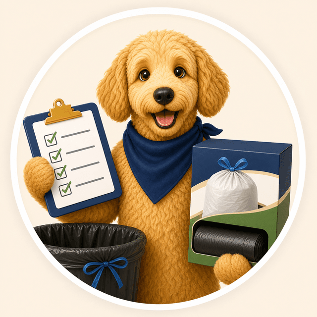 Scout holding a checklist with kitchen trash bags and a trash bag box