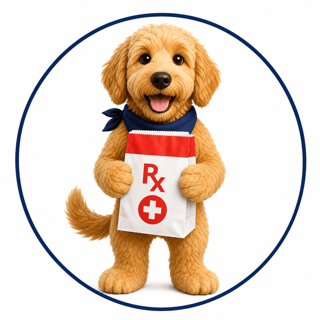 Scout holding a red and white pharmacy prescription bag