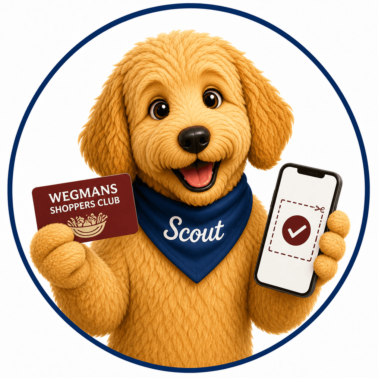 Scout holding a Wegmans Shoppers Club card and clipped digital coupon